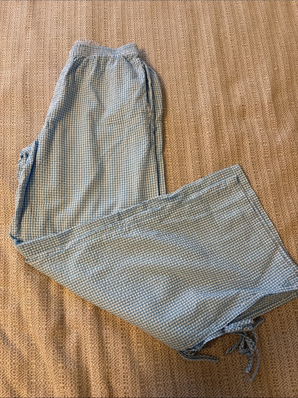 aerie Light Blue Gingham Wide-Leg Seersucker Pants